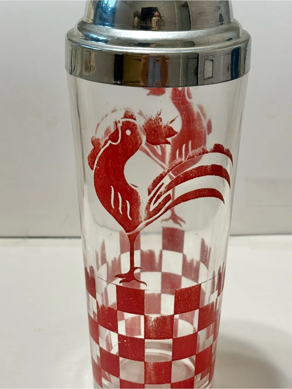 Vintage Drunken Rooster Cocktail Shaker - Red & White Checkered Rooster 10.5” T